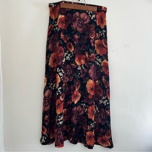 Vintage Coldwater Creek Floral A-Line Rayon Black Red Skirt 12 Petite